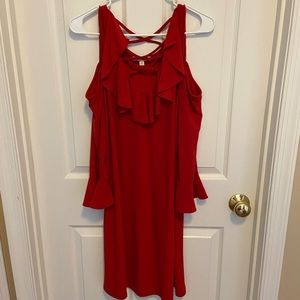 Red open shoulder knee length dress